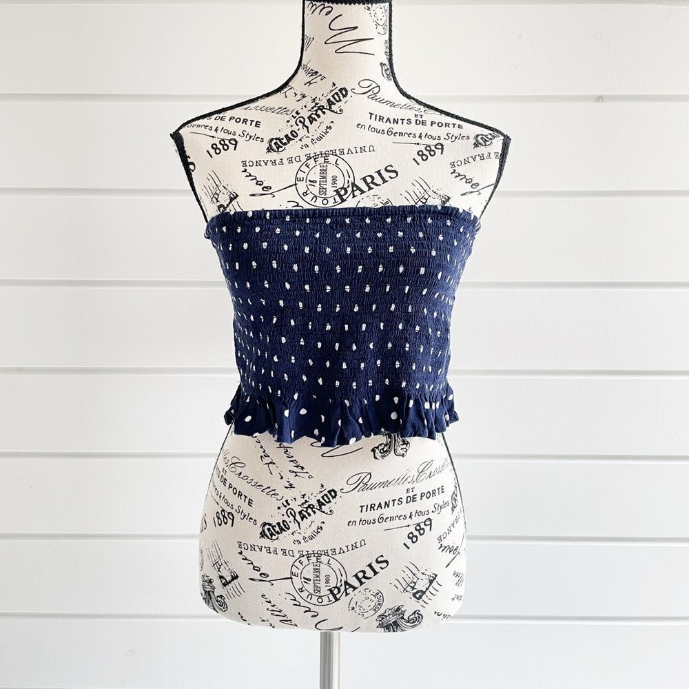 American Eagle Women's Polka Dot Ruffle Hem Smocked Tube Top Blue